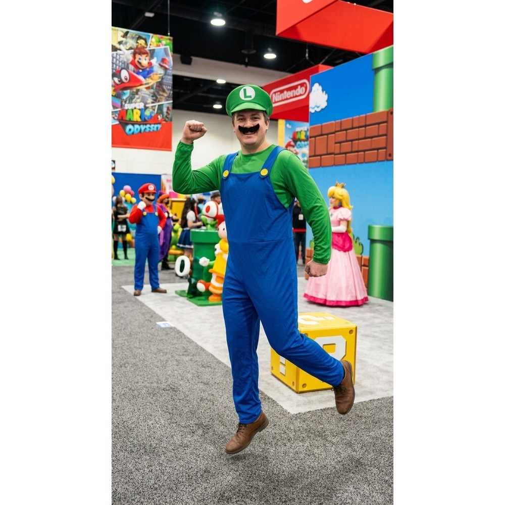 Nintendo Luigi Adult Costume XL Green Blue Jumpsuit Hat Mustache Halloween Set